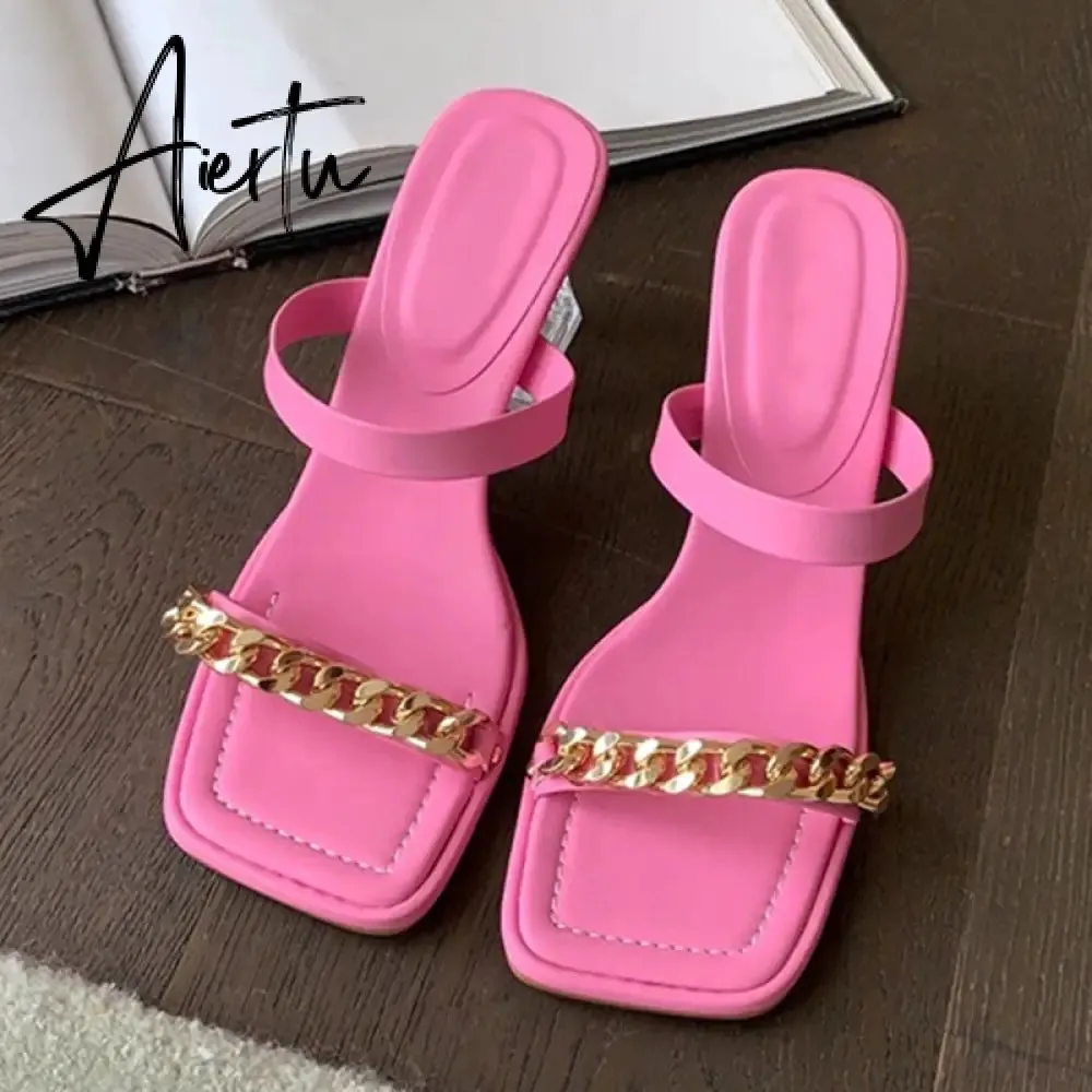 Transparent Chunky Heels Mules Slippers Ladies Fashion Metal Chain Design Pink Sandals For Women Open Toe Gladiator Shoes Slides