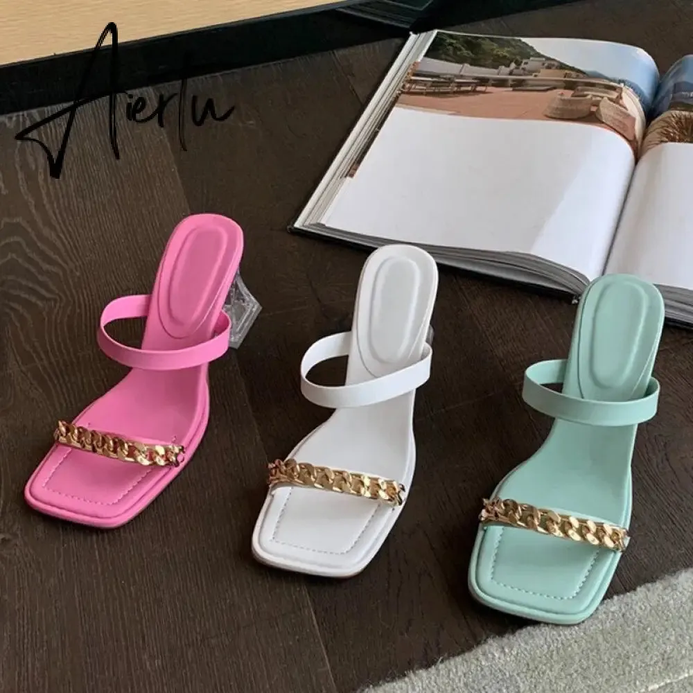 Transparent Chunky Heels Mules Slippers Ladies Fashion Metal Chain Design Pink Sandals For Women Open Toe Gladiator Shoes Slides