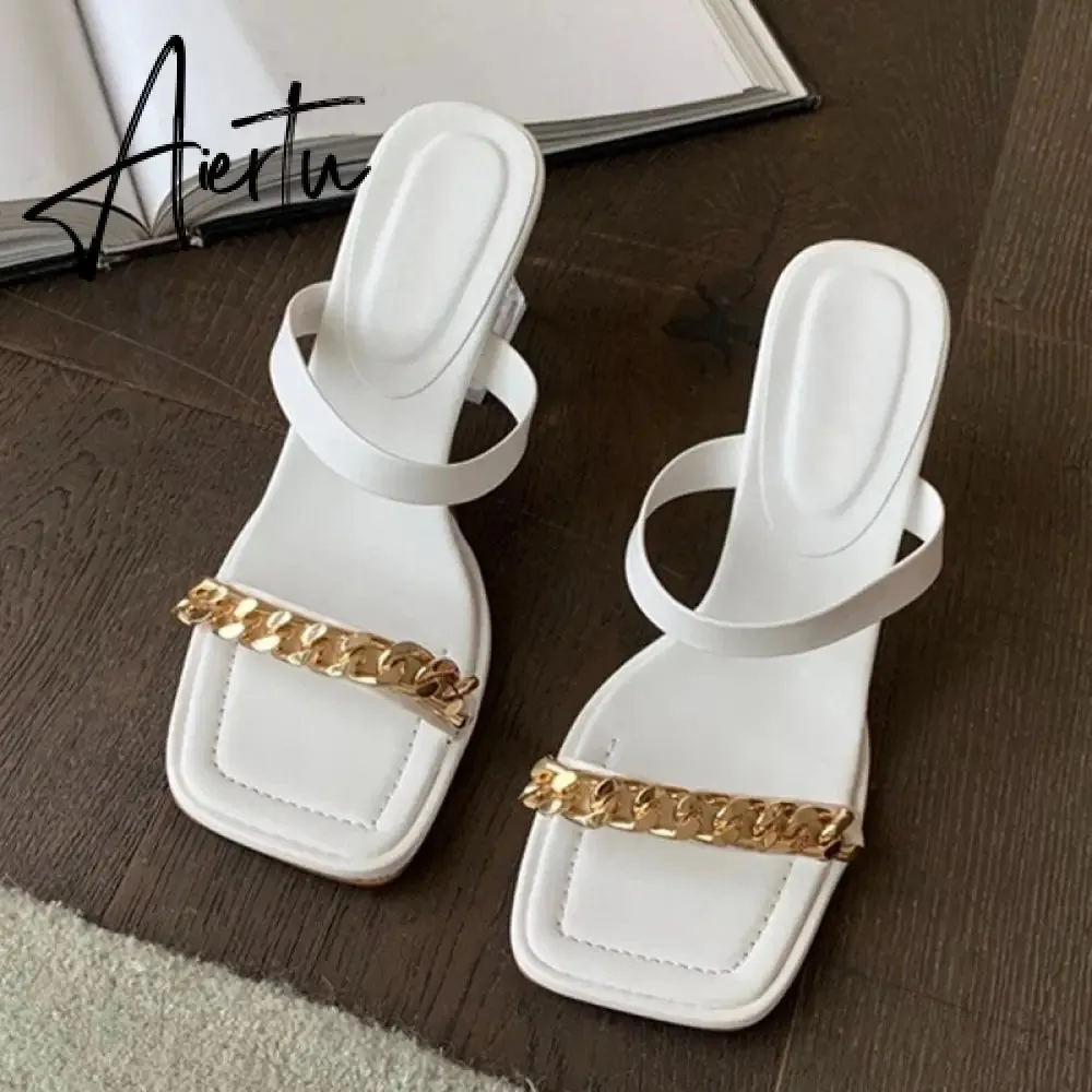 Transparent Chunky Heels Mules Slippers Ladies Fashion Metal Chain Design Pink Sandals For Women Open Toe Gladiator Shoes Slides