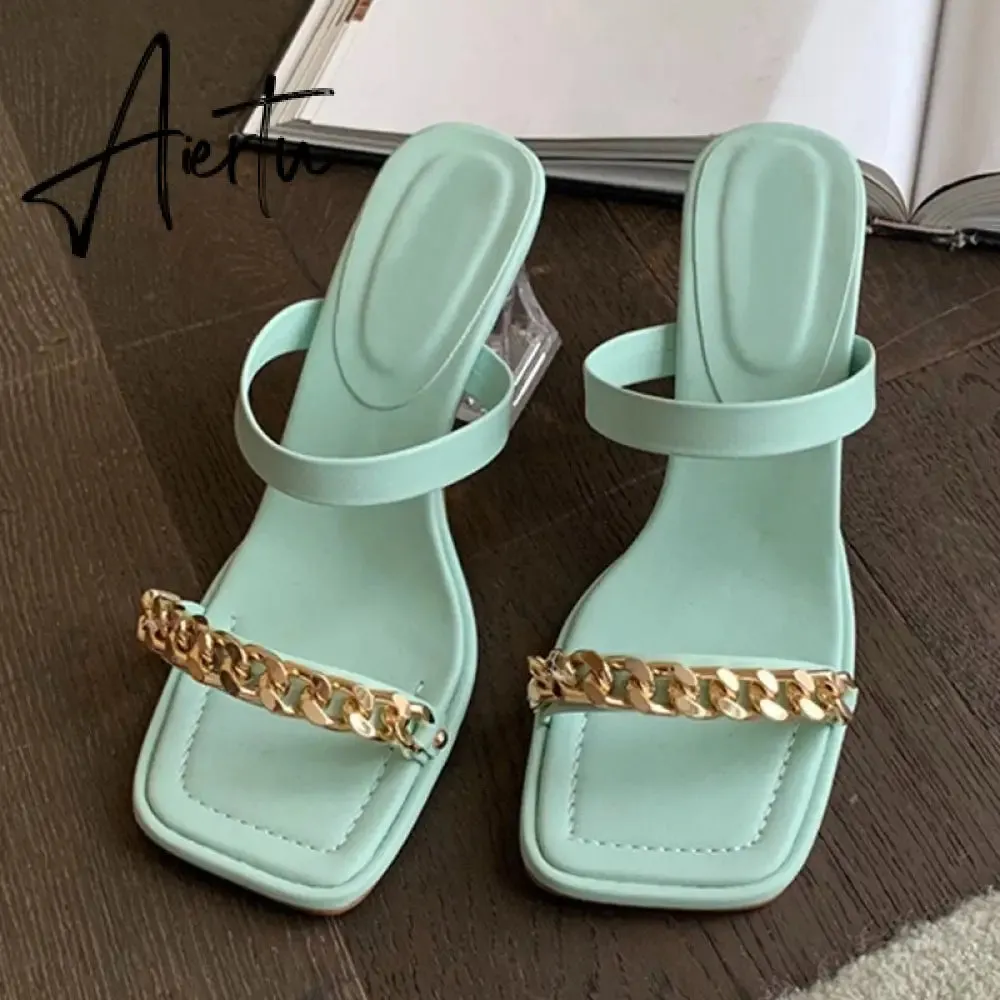 Transparent Chunky Heels Mules Slippers Ladies Fashion Metal Chain Design Pink Sandals For Women Open Toe Gladiator Shoes Slides