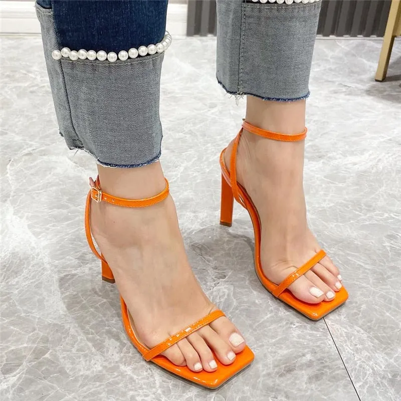 Uniwim 2024  Summer Women Sandals 12Cm High Heels Nightclub Fetish Orange Gladiator Sandles Lady Glossy Leather Nude Prom Party Shoes