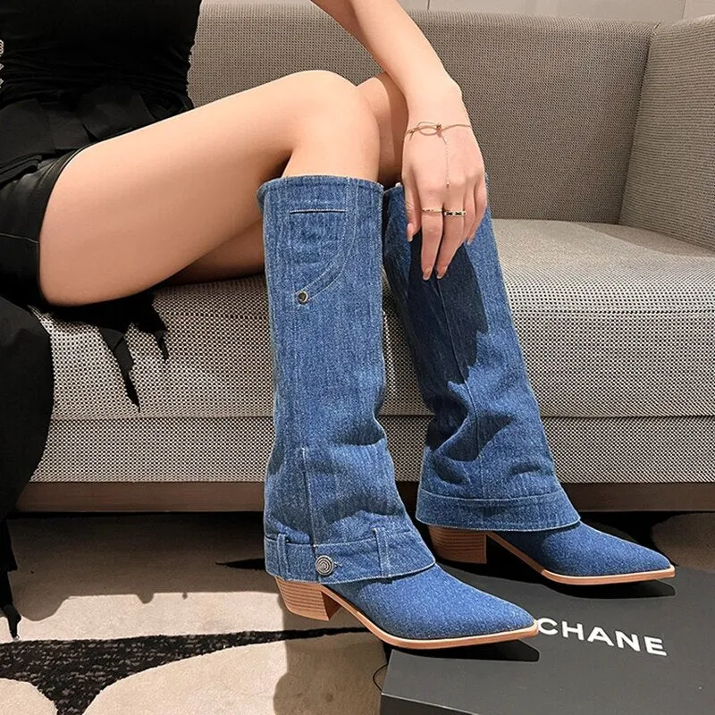 Wenkouban Autumn Boots     Autumn Boots Women Jean Shoes for Women Pointed Toe Chunky Heel Women Boots Fashion Knee-High Boots Retro Long Boots botas mujer