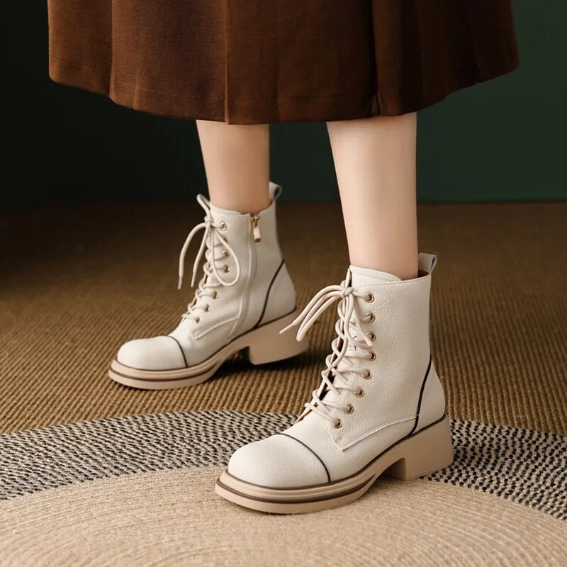 Wenkouban Autumn Boots    Fall/Winter Shoes Women Split Leather Boots Round Toe Chunky Heel Women Boots Mixed Colors Platform Boots Women botas de mujer