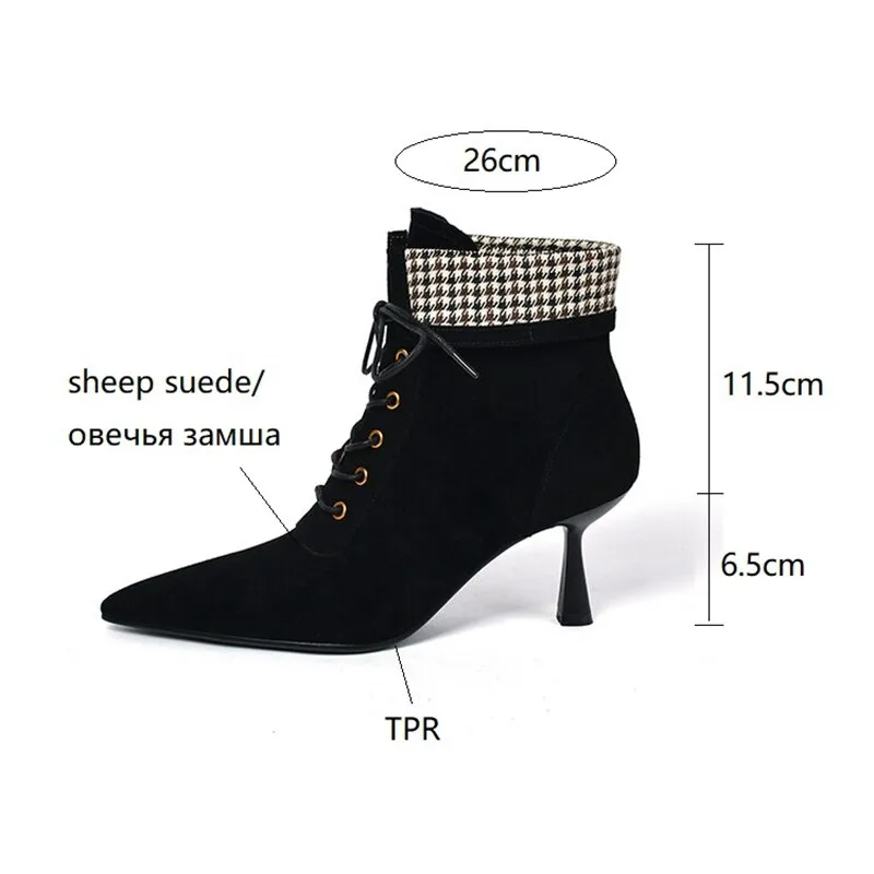 Wenkouban Autumn Boots   NEW Fall Shoes Women Pointed Toe High Heel Shoes Sheep Suede Thin Heel Shoes Plaid Ankle Boots Women Mature Lace-up Modern Boots