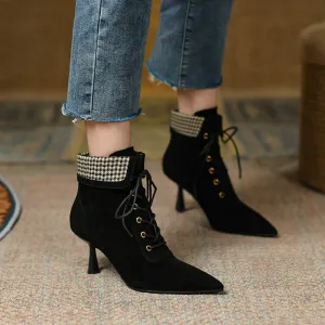 Wenkouban Autumn Boots   NEW Fall Shoes Women Pointed Toe High Heel Shoes Sheep Suede Thin Heel Shoes Plaid Ankle Boots Women Mature Lace-up Modern Boots