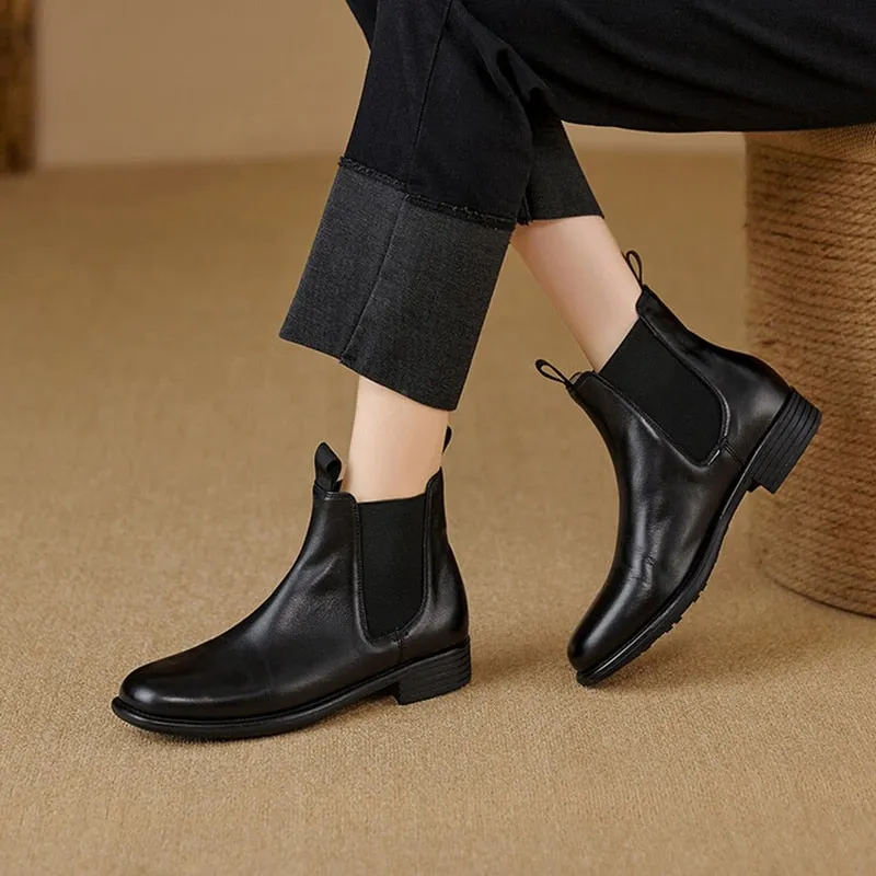 Wenkouban Autumn Shoes    Autumn Women Boots Genuine Leather Boots Women Round Toe Chunky Heel Boots Winter NEW Short Boots Retro Leather Shoes for Women