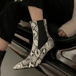 Wenkouban  Autumn Shoes    Autumn Women Boots Pointed Toe Thin Heel Cow Leather Boots Elegant Snake-print Leather Shoes for Women High Heel Boots