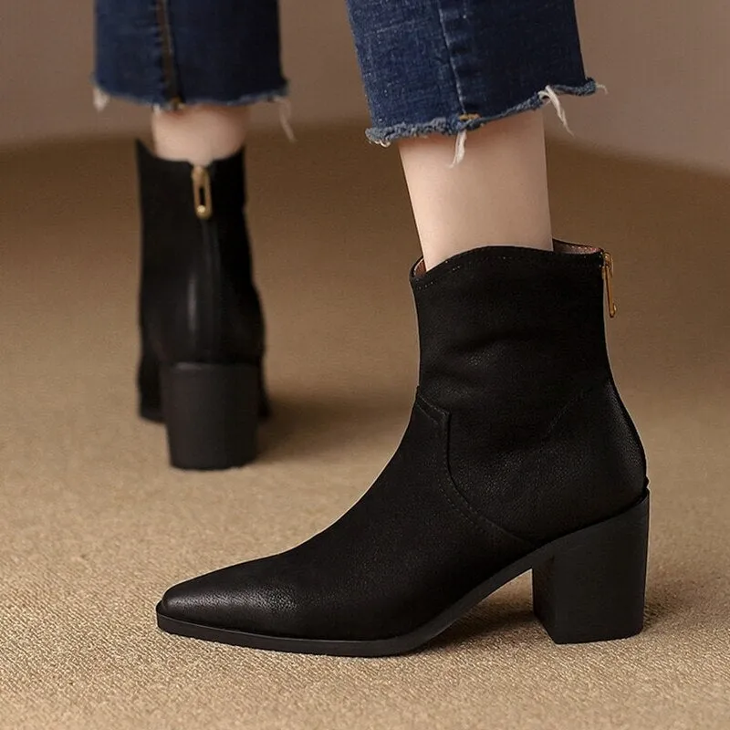 Wenkouban Autumn Shoes    NEW Fall/Winter Women Shoes Pointed Toe Chunky Heel Boots Genuine Leather Black Boots for Women Fashion Hight Heel Modern Boots