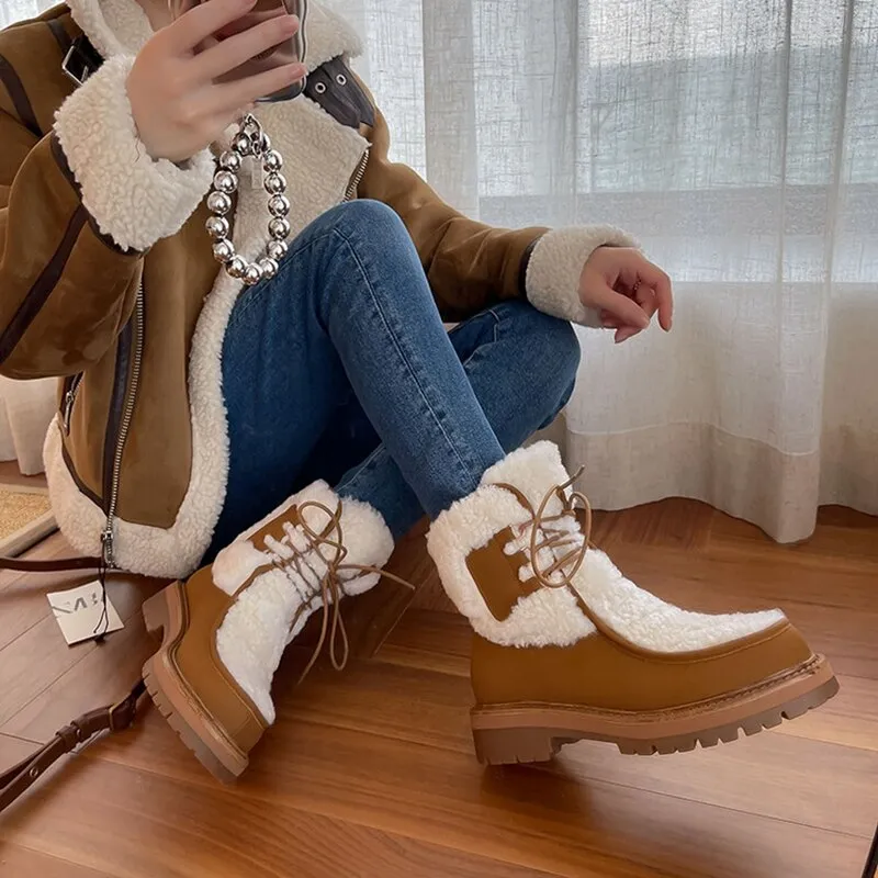 Wenkouban  fashion inspo   NEW Winter Boots Women Split Leather Shoes for Women Round Toe Chunky Heel Women Boots Platform Snow Boots Warm Plush Boots