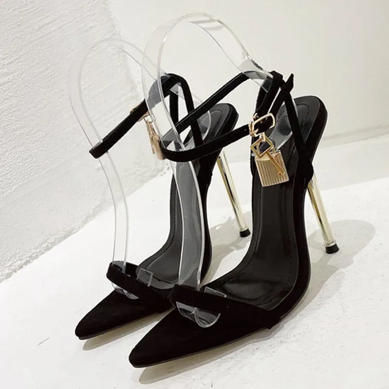 Wjczt 2023 New Gold Silver Ankle Strap Women's Metal Thin High Heels Gladiator Sandals Summer Pointed Toe Female Party Shoes