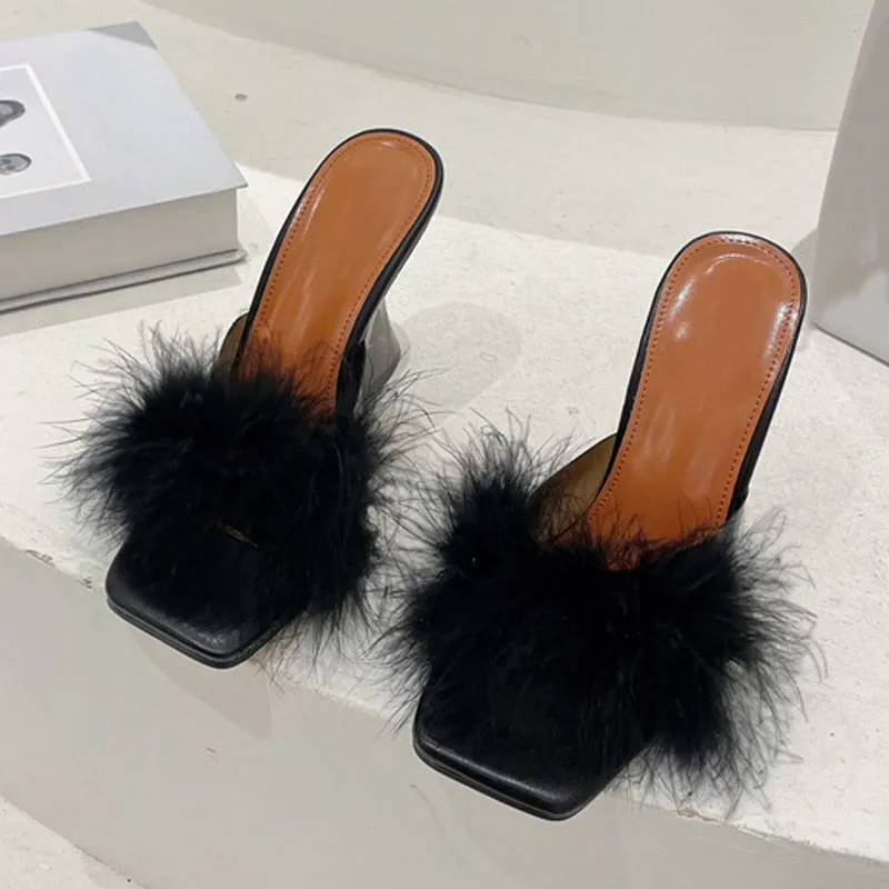 Wjczt Size 35-41 Sexy Strange Transparent Heels Slippers Fashion Fur Feather Summer Sandals Peep Toe Slip-On Clear Shoes Women Slides