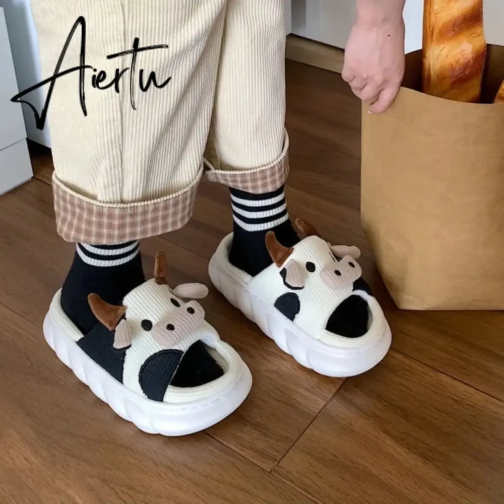 Women Cow Slippers Cute Cartoon Soft Cloud Platform Indoor Shoes Summer Female Home Slides Thick Sole Sandals Male House Slipper