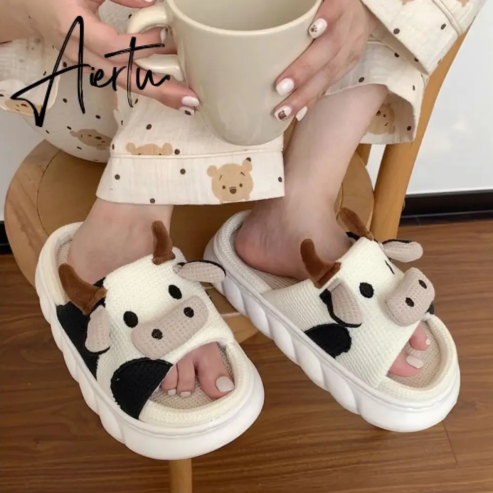 Women Cow Slippers Cute Cartoon Soft Cloud Platform Indoor Shoes Summer Female Home Slides Thick Sole Sandals Male House Slipper