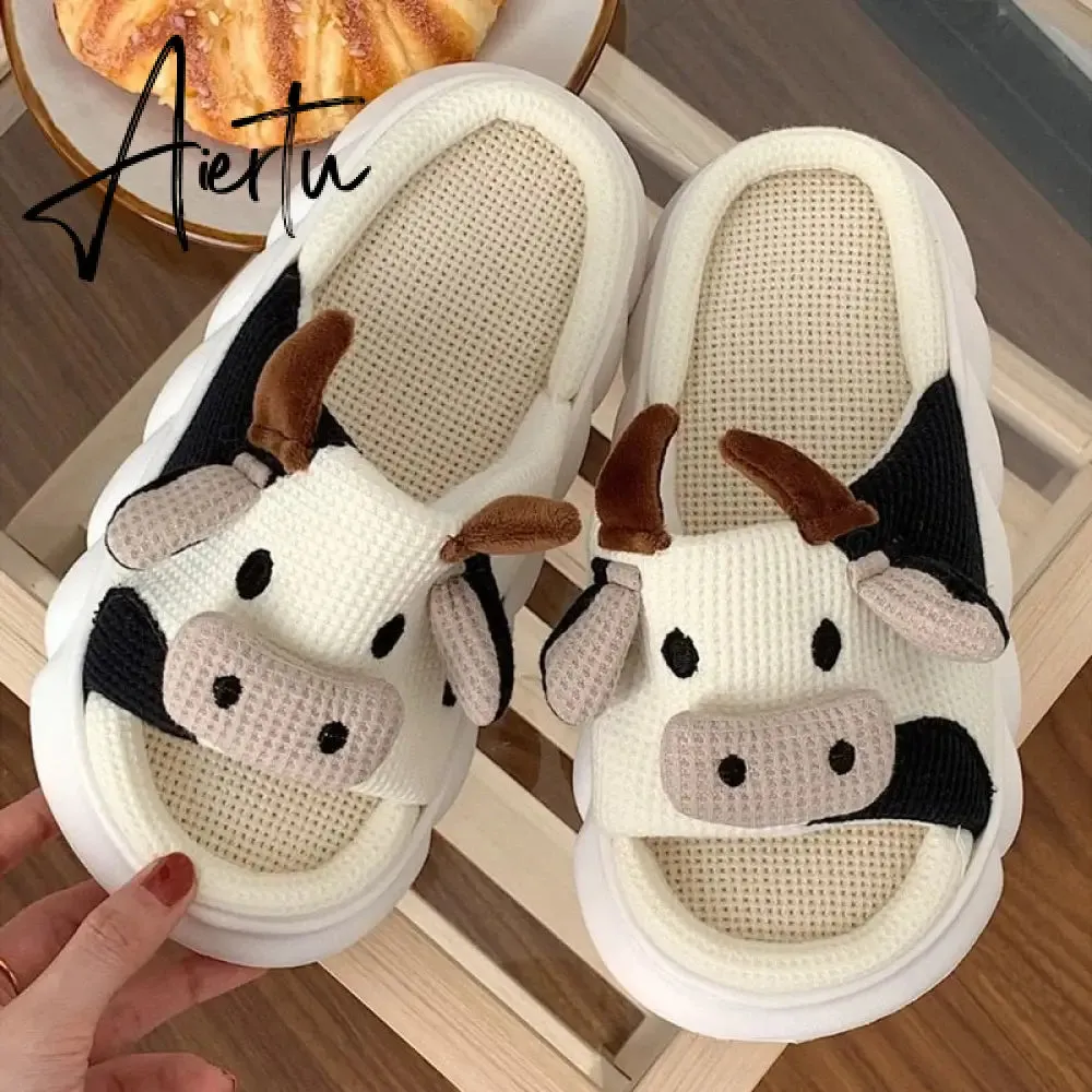 Women Cow Slippers Cute Cartoon Soft Cloud Platform Indoor Shoes Summer Female Home Slides Thick Sole Sandals Male House Slipper