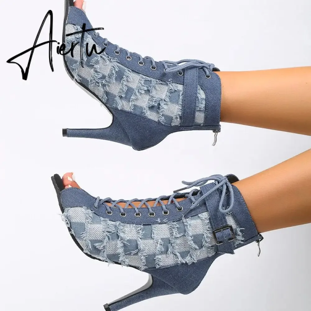 Women Denim High Heels Shoes Sexy Sandals Autumn Designer New Cool Boots Sandals Party Shoes Zipper Pumps Prom Zapatillas