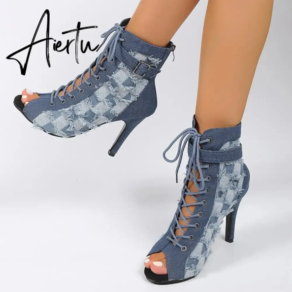 Women Denim High Heels Shoes Sexy Sandals Autumn Designer New Cool Boots Sandals Party Shoes Zipper Pumps Prom Zapatillas