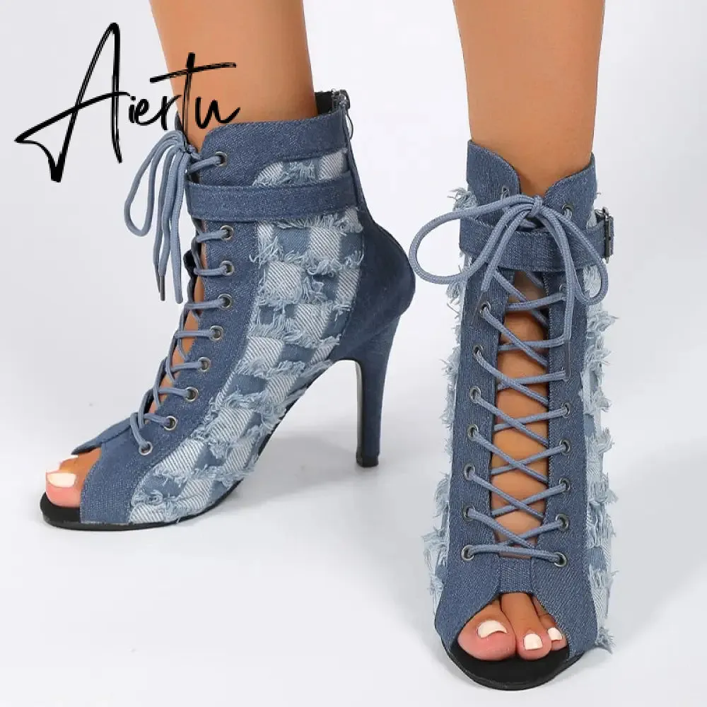 Women Denim High Heels Shoes Sexy Sandals Autumn Designer New Cool Boots Sandals Party Shoes Zipper Pumps Prom Zapatillas