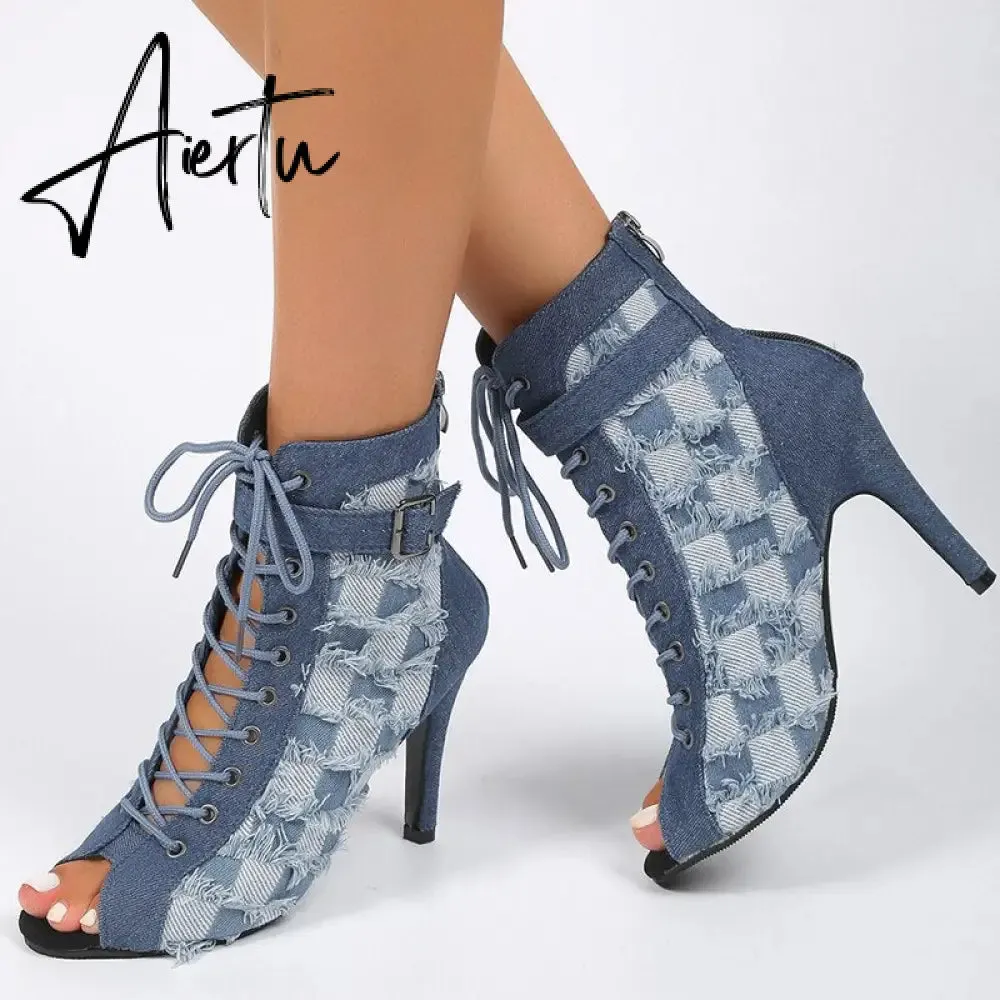 Women Denim High Heels Shoes Sexy Sandals Autumn Designer New Cool Boots Sandals Party Shoes Zipper Pumps Prom Zapatillas