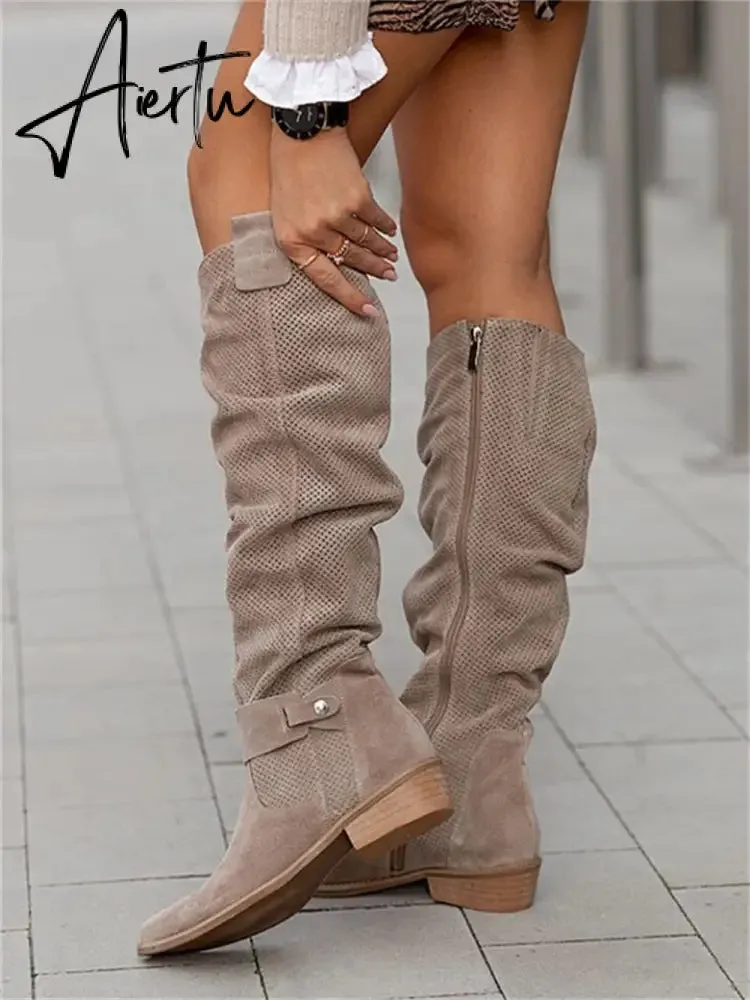 Women Knee High Boots Sexy Suede Winter Designer Luxury Casual Zipper Low Heel Female Shoes Comfortable Elegant Lady Boots