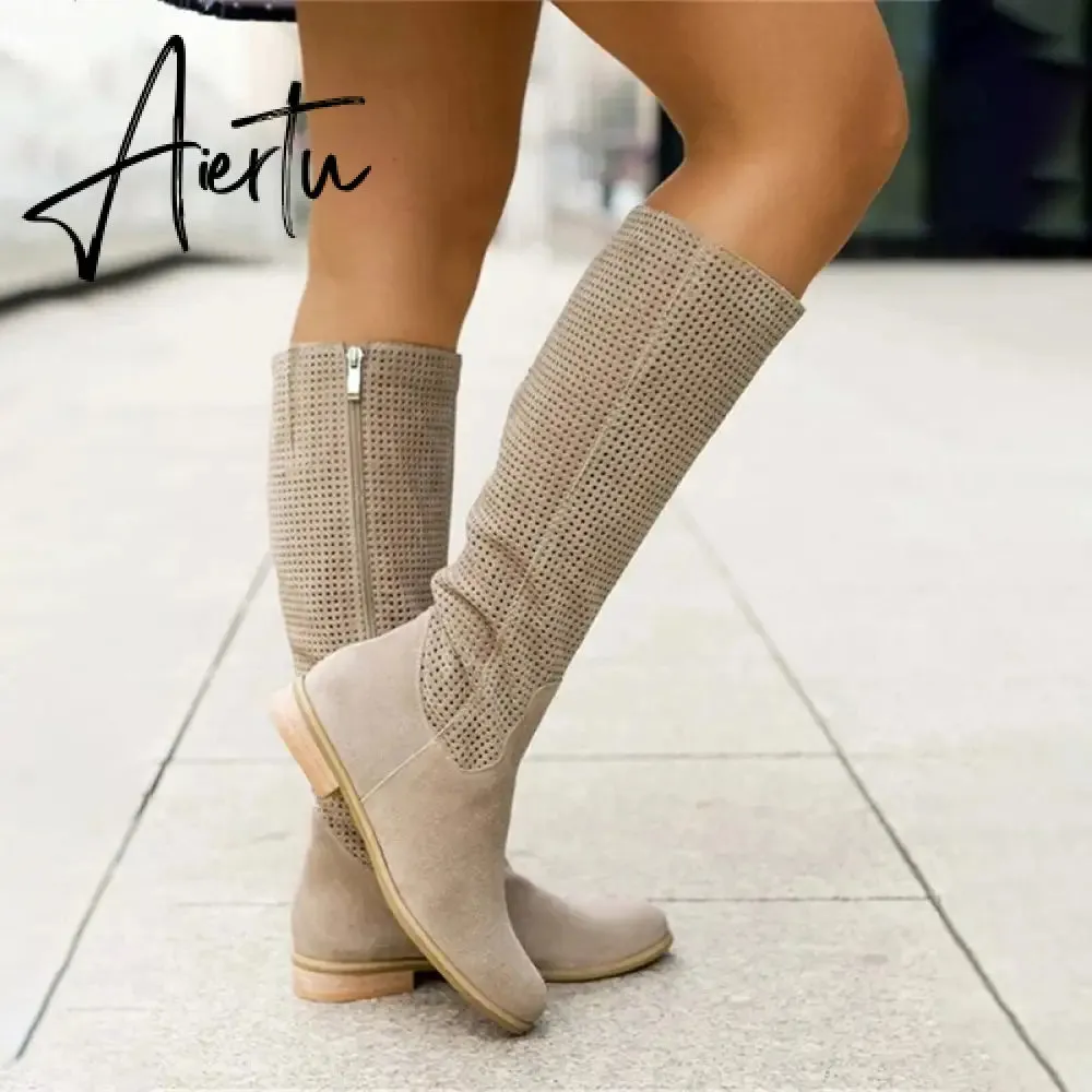 Women Knee High Boots Sexy Suede Winter Designer Luxury Casual Zipper Low Heel Female Shoes Comfortable Elegant Lady Boots