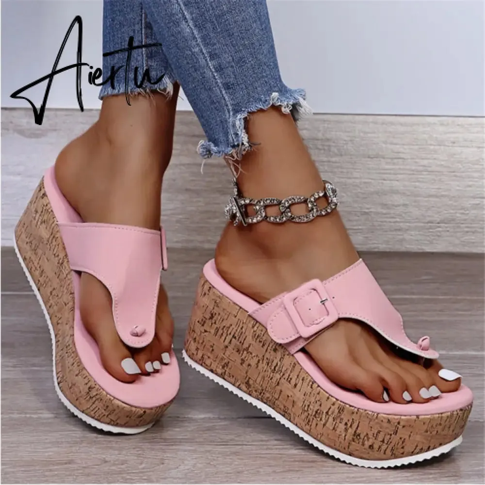 Women Summer Flip Flops Shoes Female Wedge Platform Sandal  Ladies 7.5cm Thick Bottom Casual Slippers Shoe Black Pink