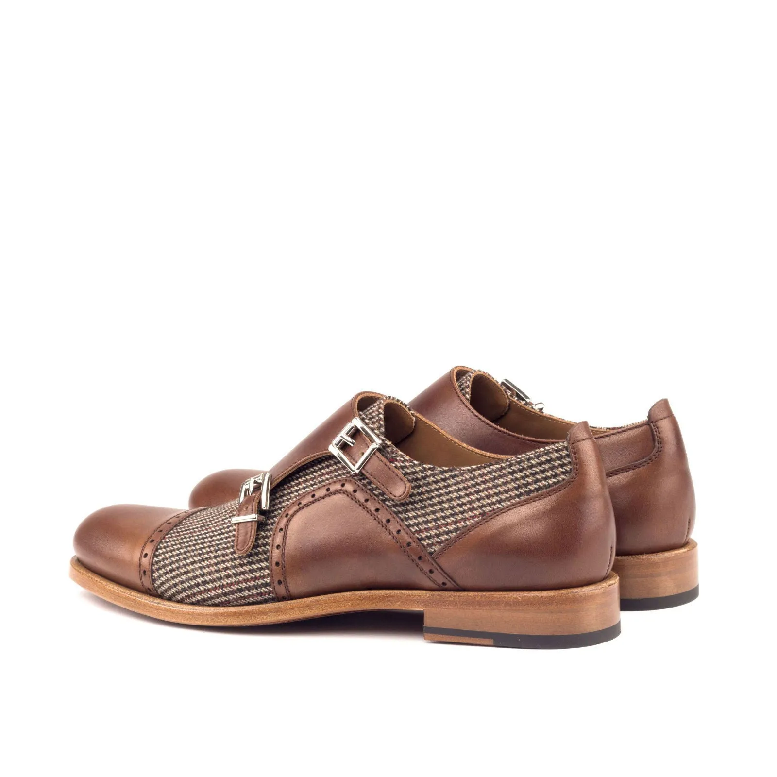 Women's Double Monk Leather Shoes Brown 3047