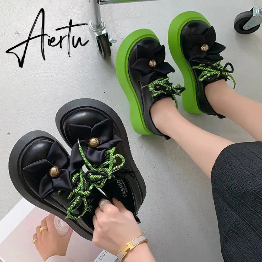 Womens Flowers Round Toe Gothic Punk Platform Wedge Heel Pumps Shoes Creepers Japanese Harajuku Dark