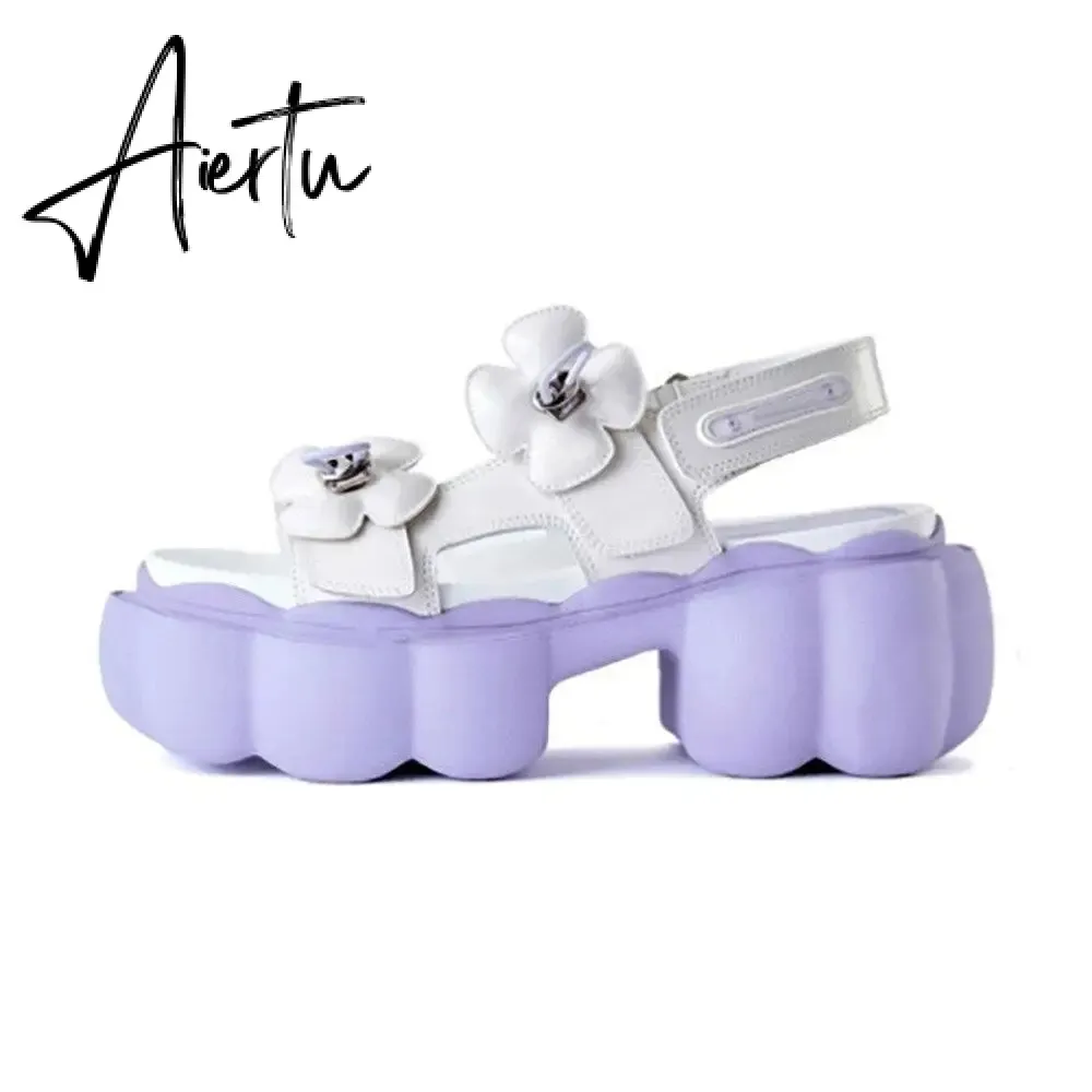 Womens Lolita Flowers Peep Toe Gothic Punk Platform Sandals Shoes Creepers Japanese Harajuku Belt Buckle Black White