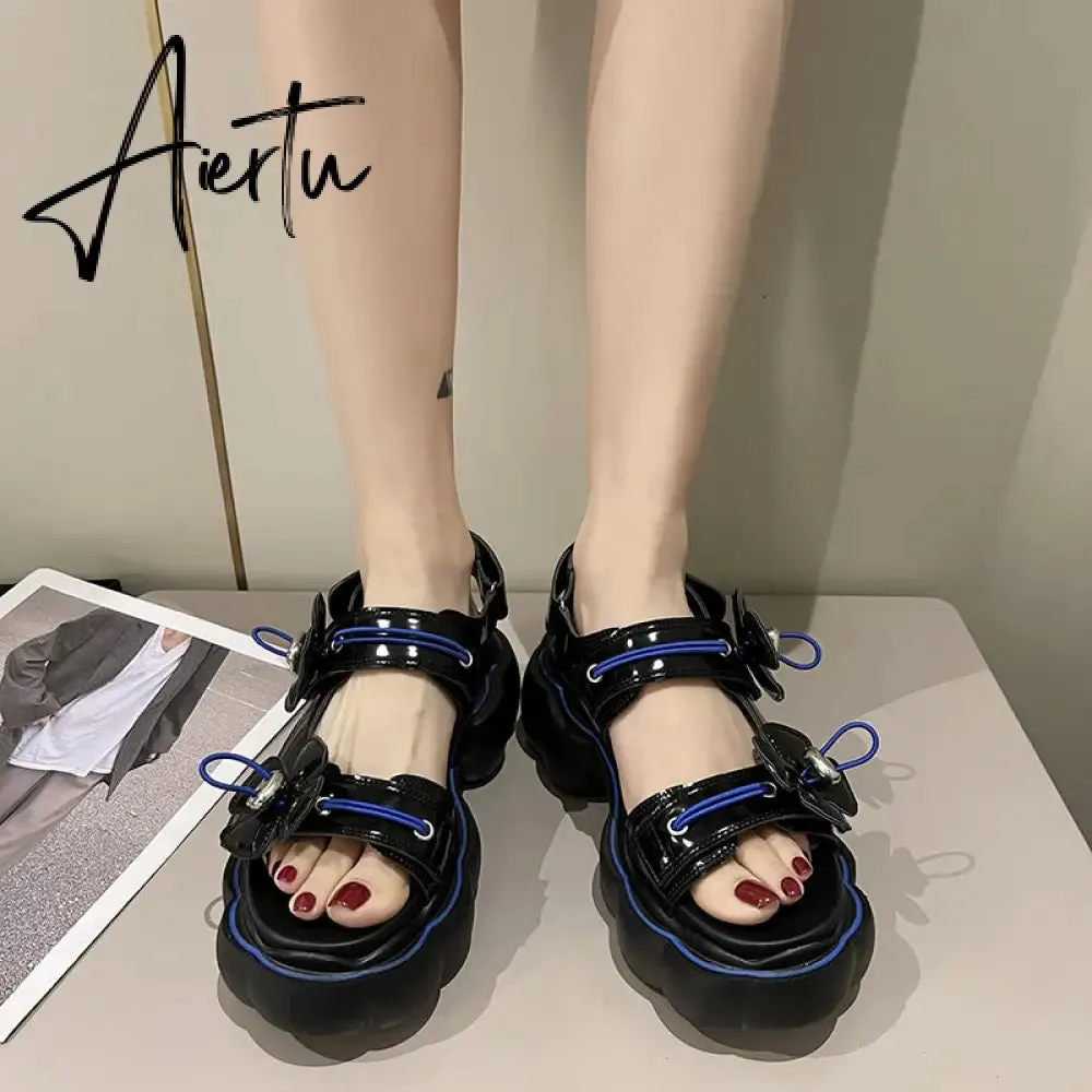 Womens Lolita Flowers Peep Toe Gothic Punk Platform Sandals Shoes Creepers Japanese Harajuku Belt Buckle Black White