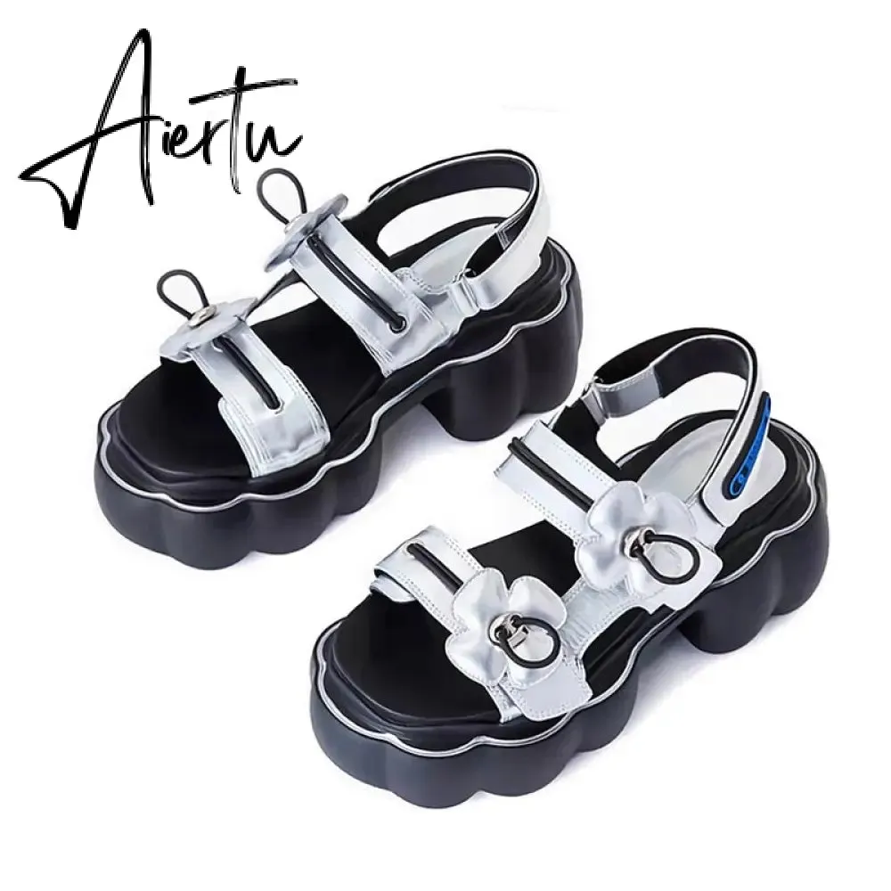 Womens Lolita Flowers Peep Toe Gothic Punk Platform Sandals Shoes Creepers Japanese Harajuku Belt Buckle Black White