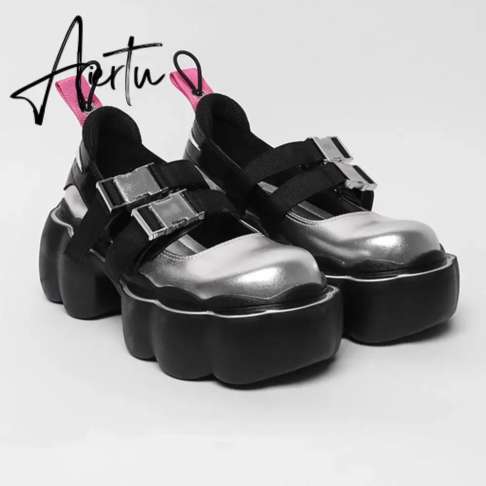 Womens Lolita Square Toe Gothic Punk Pumps Shoes Creepers Japanese Harajuku Platform Belt Buckle Girls Creepers 3Colors