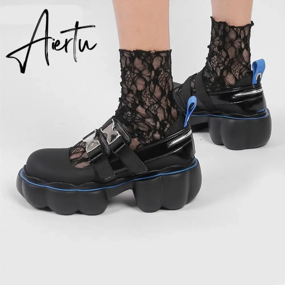 Womens Lolita Square Toe Gothic Punk Pumps Shoes Creepers Japanese Harajuku Platform Belt Buckle Girls Creepers 3Colors