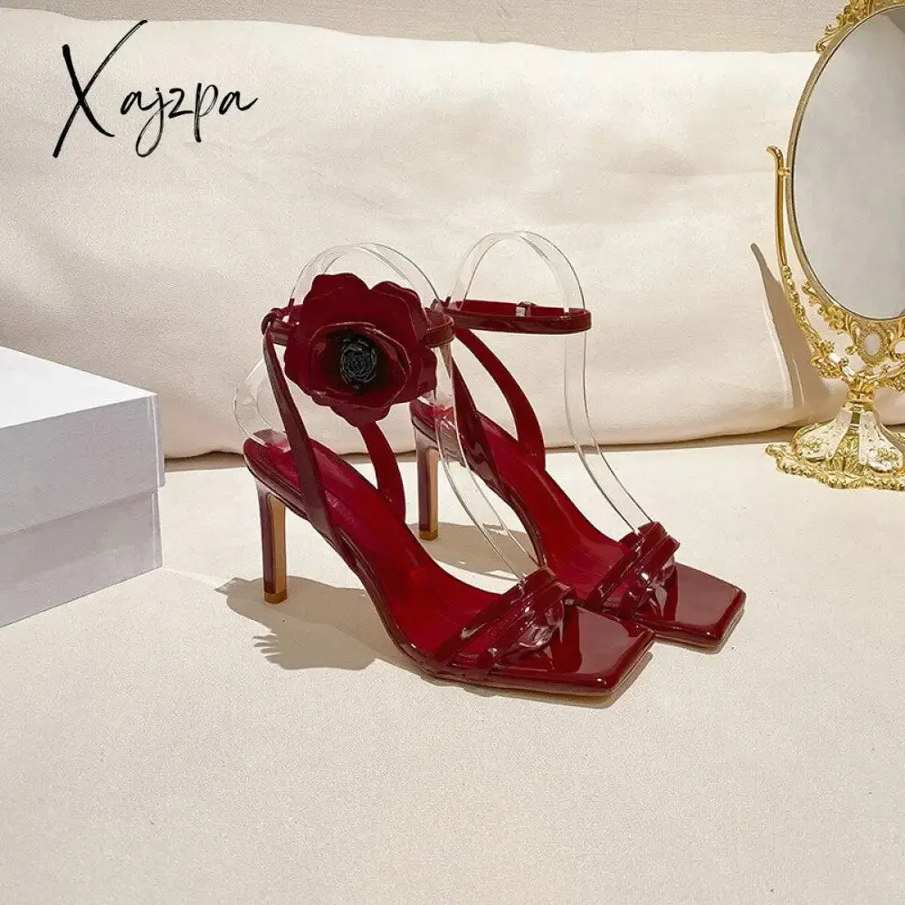 Xajzpa Ankle Strap Women's Pumps Party Shoes Thin Band High Heels Flower Decorated Ankle Sexy Buckle Shoes Ladies Shoes Bridal Shoes