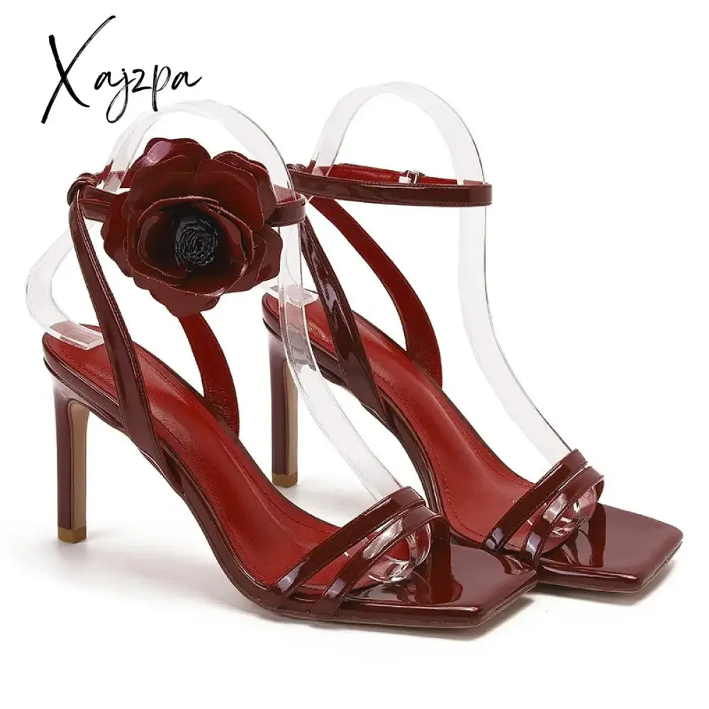 Xajzpa Ankle Strap Women's Pumps Party Shoes Thin Band High Heels Flower Decorated Ankle Sexy Buckle Shoes Ladies Shoes Bridal Shoes