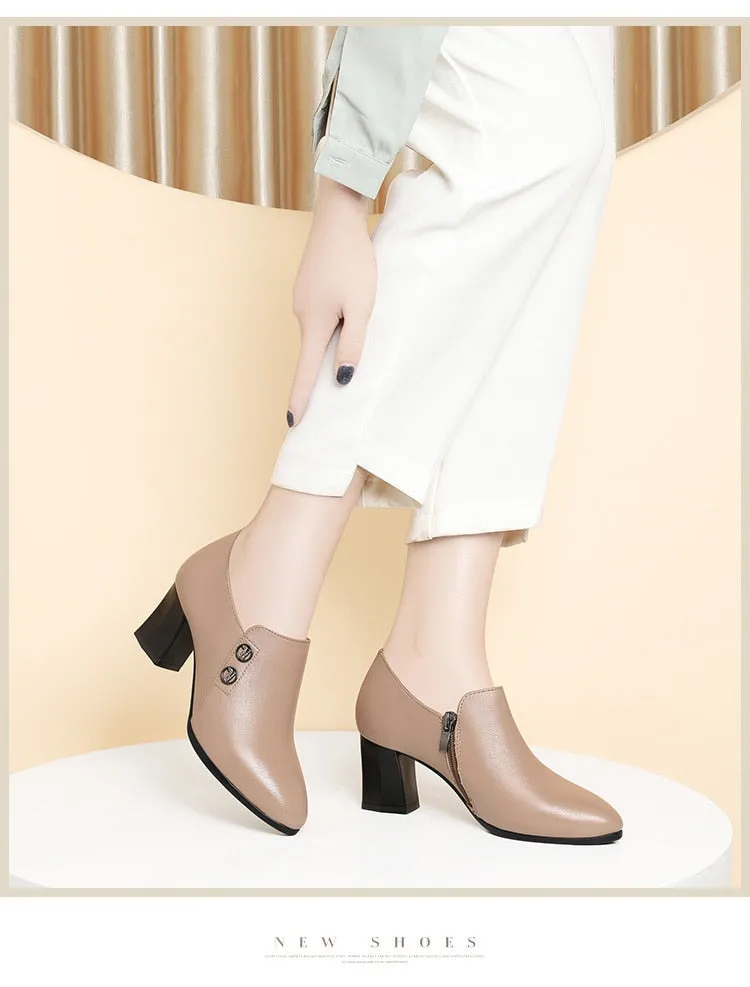 xiangtuibao Genuine Leather Shoes Dress  New Autumn Women's Shoes Pointed Toe Thick Heel Ladies High Heels Spring Work Shoes Mid-heel