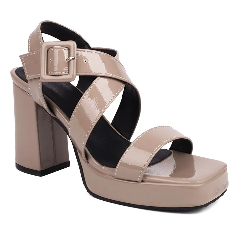 xiangtuibao Glossy Patent Leather Material Square Head Cross Thin Belt Women's Peep Toe Shoes Square Buttoned Ankle Extra Cut-Out Sandals