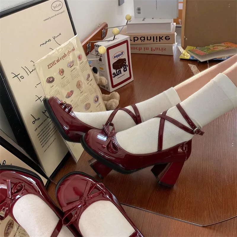 xiangtuibao INS Red Mary Janes  New Women Pumps Thick High Heels Shoes Female Lolita Square Toe Shoes Spring Fashion Party Woman Shoes