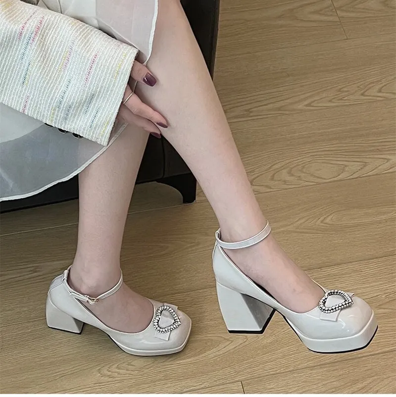 xiangtuibao  New Mary Jane Shoes Women Square Toe High Heels Shoes Lolita Pink Pumps Fashion Ankle Strap Sandals Ladies Elegant Shoes