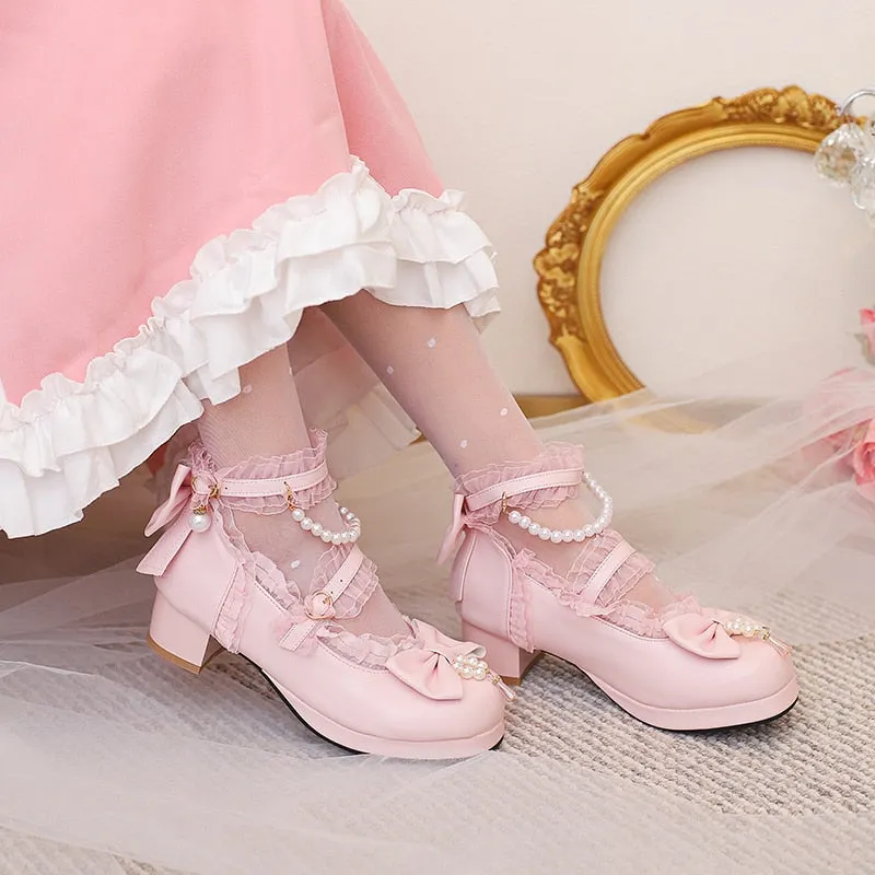 xiangtuibao  new Spring women pumps  plus size 22-26.5cm pu upper Pearl mesh bow ankle buckle Lolita shoes Fashion cute mary jane shoes