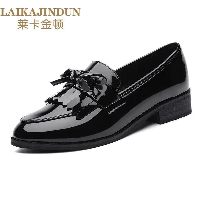 xiangtuibao Patent Leather  Shoes Women's British Style Women's  New Spring Autumn Soft Bottom Ladies Mid-heel Soft Leather Low Heel