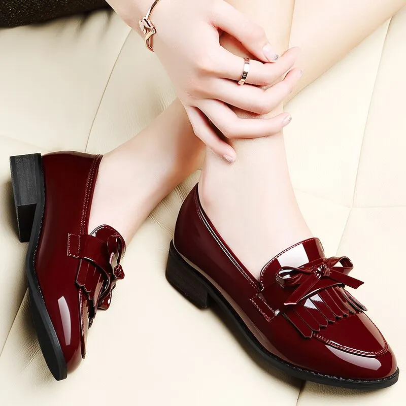 xiangtuibao Patent Leather  Shoes Women's British Style Women's  New Spring Autumn Soft Bottom Ladies Mid-heel Soft Leather Low Heel