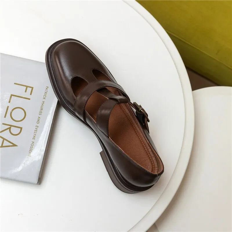 xiangtuibao  Spring New Women Shoes Oxfords Brown Flat Shoes Women Pumps Genuine Leather Ladies Shoes Round Toe Retro Shoes Woman Casual