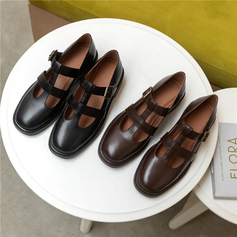 xiangtuibao  Spring New Women Shoes Oxfords Brown Flat Shoes Women Pumps Genuine Leather Ladies Shoes Round Toe Retro Shoes Woman Casual