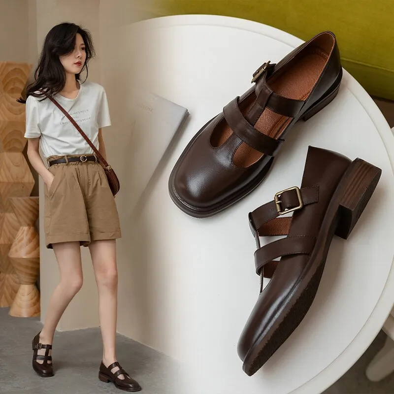 xiangtuibao  Spring New Women Shoes Oxfords Brown Flat Shoes Women Pumps Genuine Leather Ladies Shoes Round Toe Retro Shoes Woman Casual